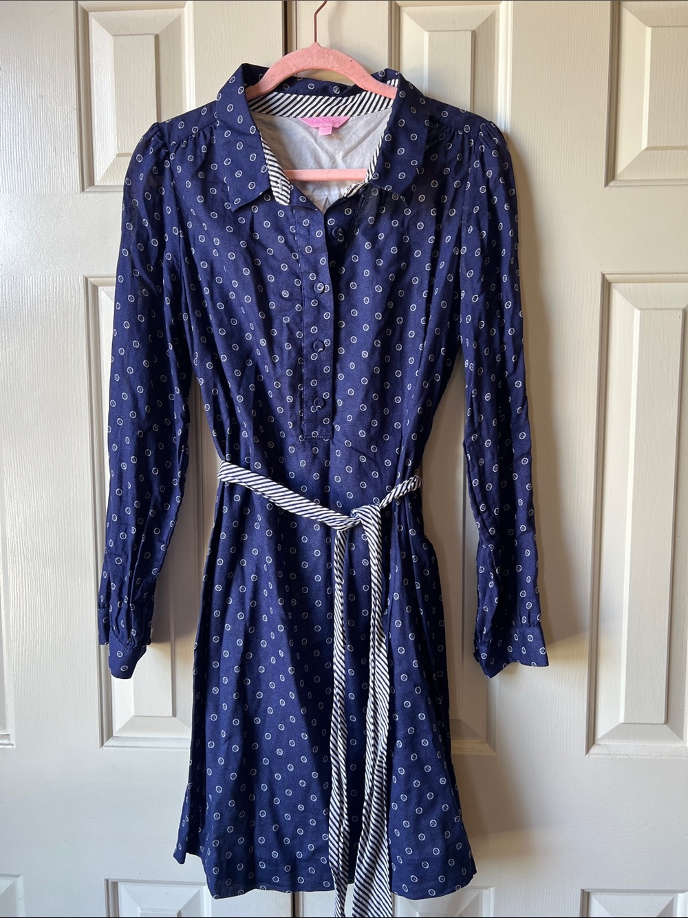 Lilly Pulitzer Navy Printed Long-Sleeve Shirt Dress with Striped Belt